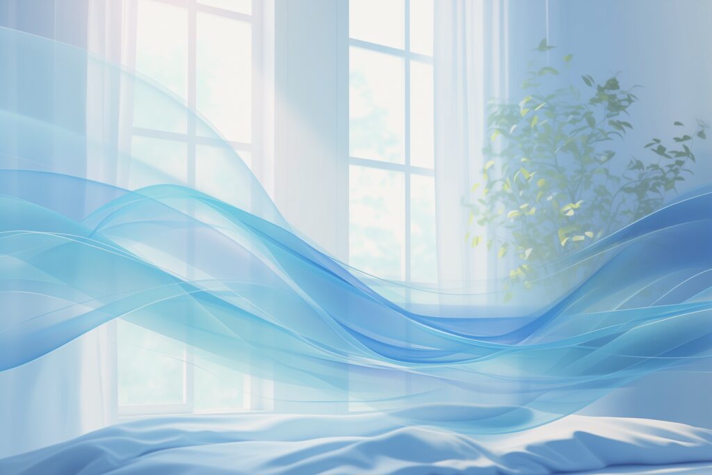 Image of wave passing over a background of an open window and a tree