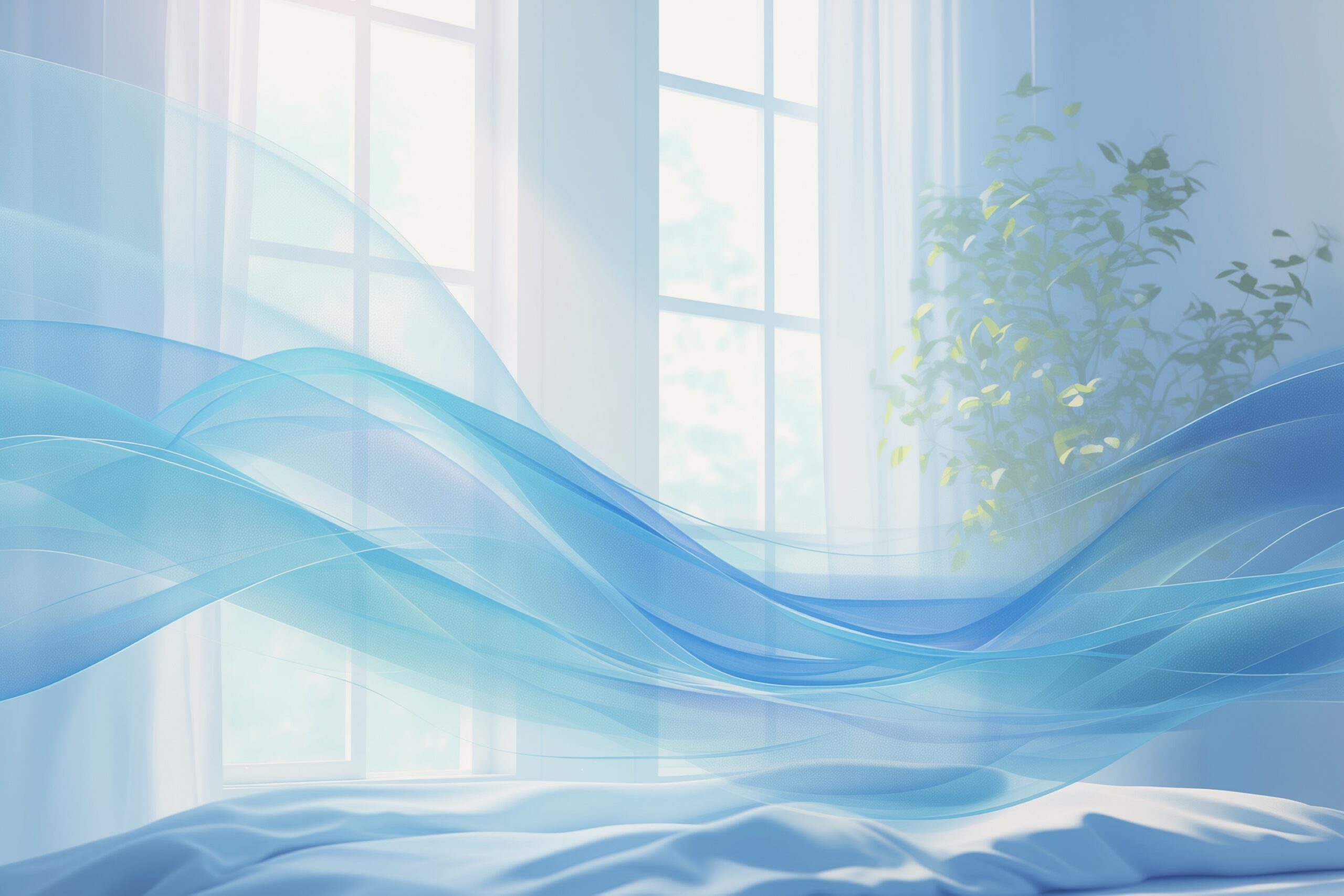 blue waves of fresh clean air in white bed room. Fresh scent and air filtration effect